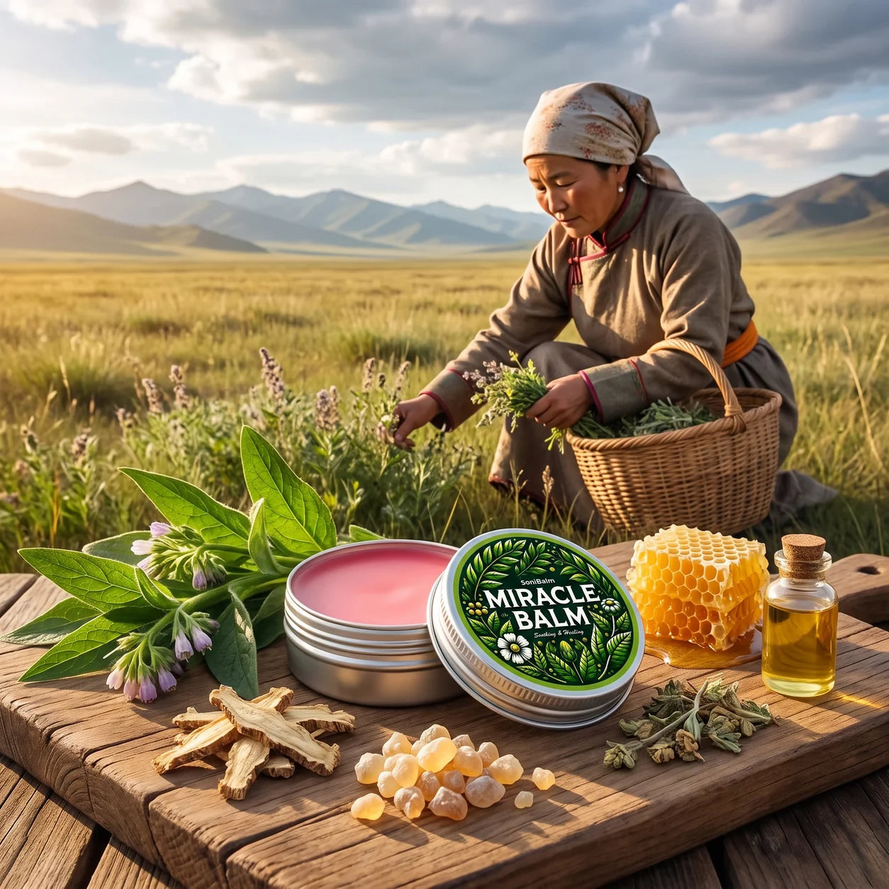 Herbs being gathered by hand, with the SoniBalm tin and its ingredients