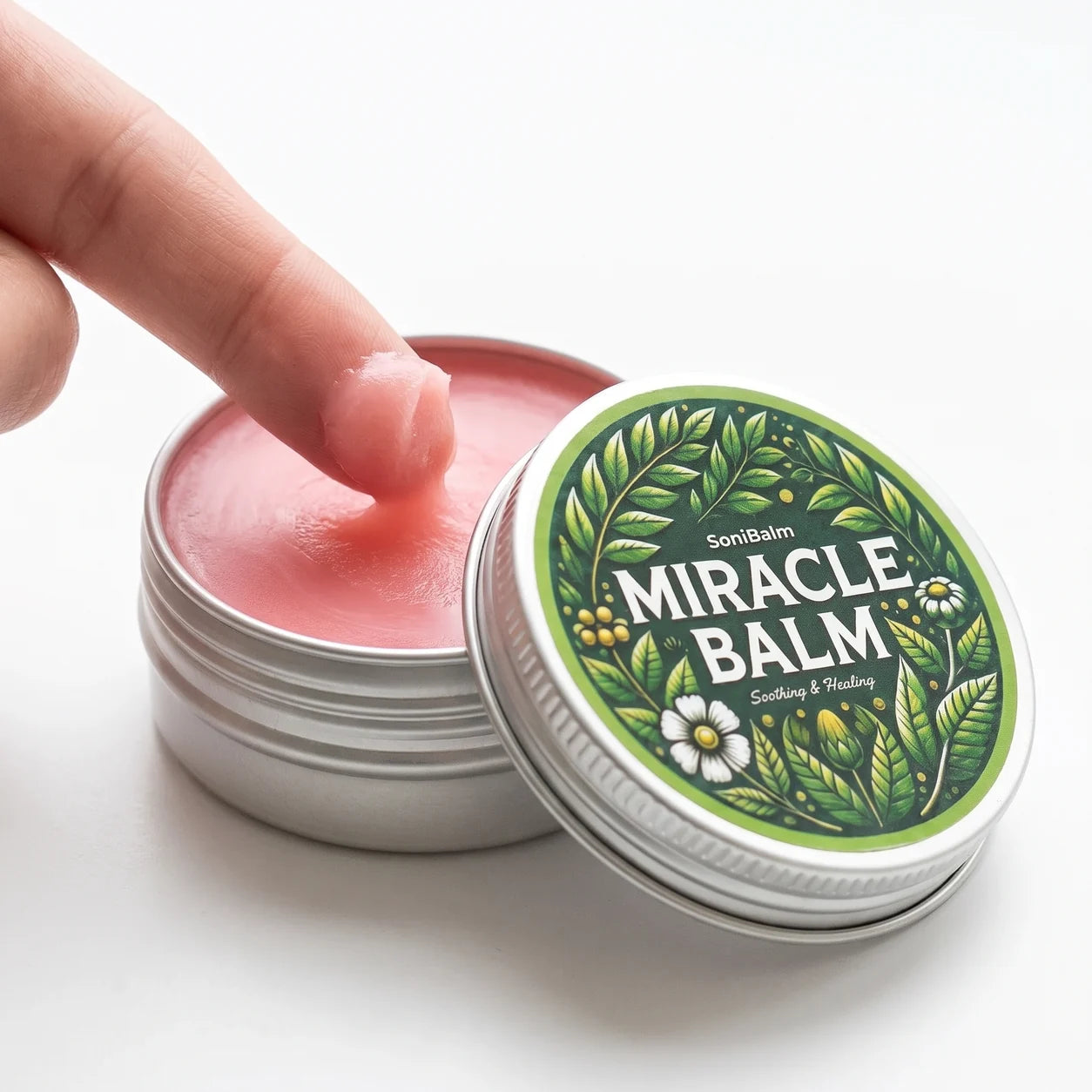 Taking a small amount of balm from the tin