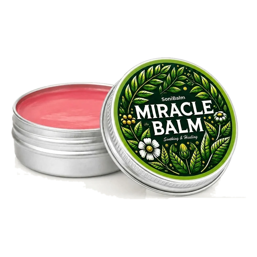 SoniBalm Miracle Balm tin, open, with the pink balm inside